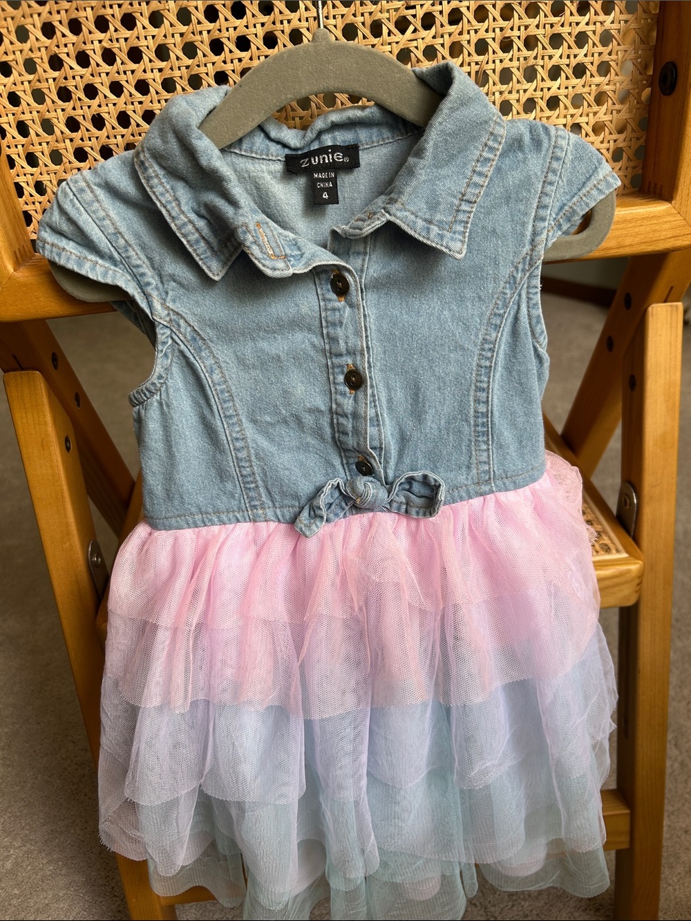 Zunie Denim Top Pink & Light Blue Tulle Tiered Dress